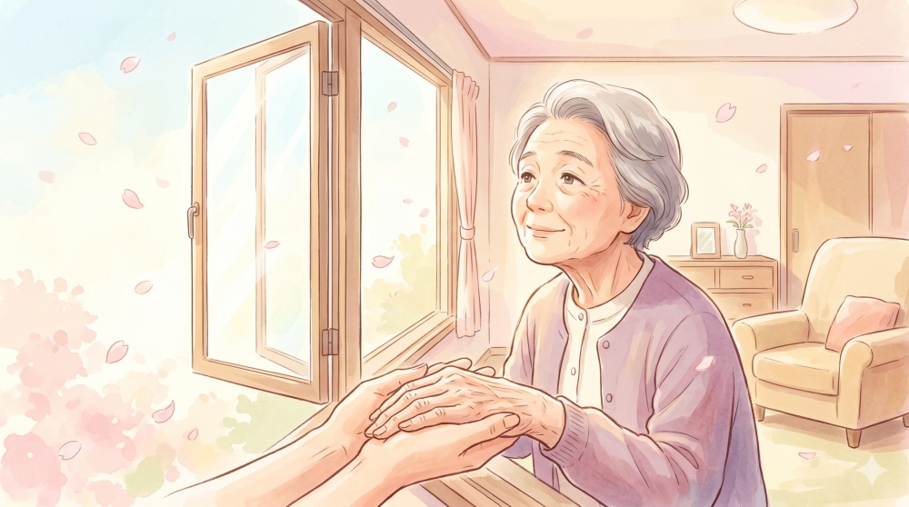 認知症の女性と、彼女の手を優しく包む家族の手。窓から桜と穏やかな光が見える絵本風のイラスト。